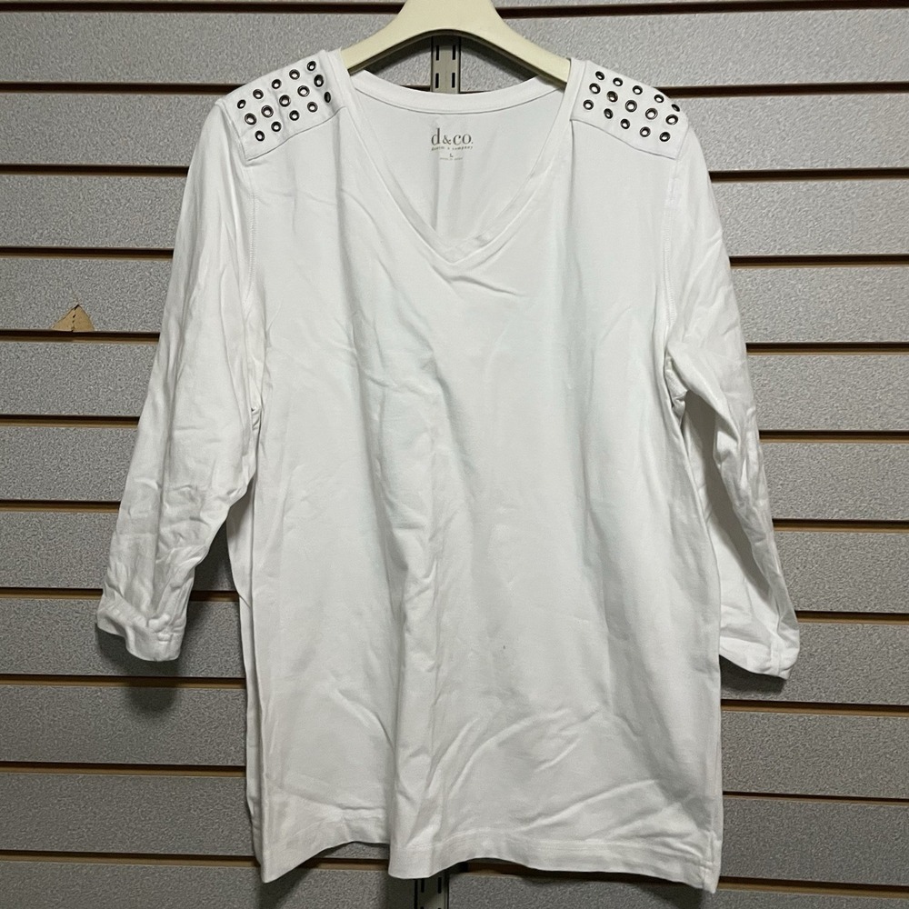 d&co Denim And‎ Company Top Shirt Blouse 3/4 Sleeves L EUC Solid Tee Grommets